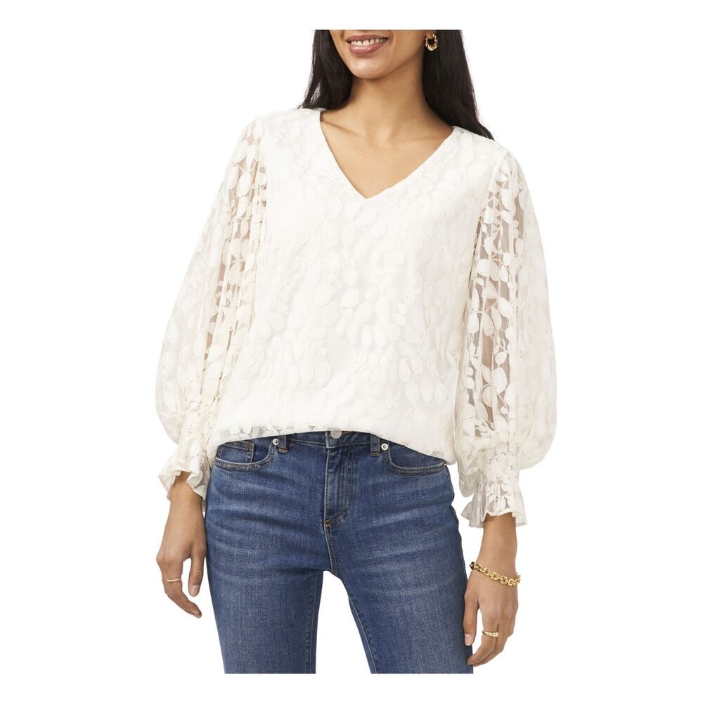 Sam & Jess Women's Off-White Lace V-Neck Long Sleeve Top Summer Blouse Size XS